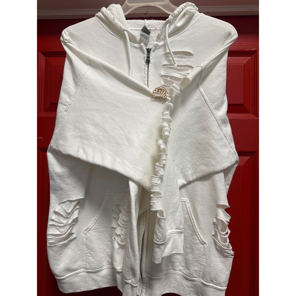 Gildan Heavy Blend White Distressed Ripped Zip Up Hoodie Sweatshirt XL